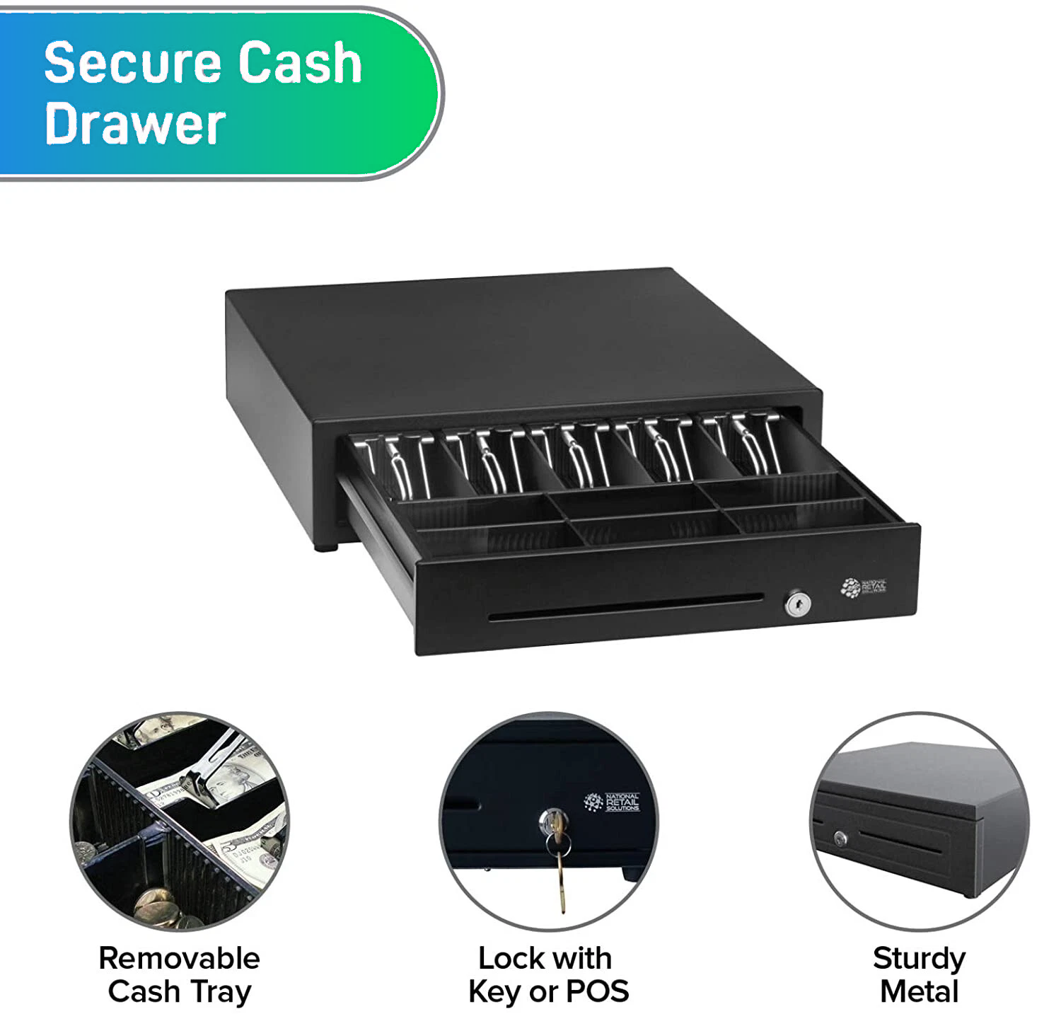 Secure steel cash drawer with removable cash tray, key lock, and sturdy metal build