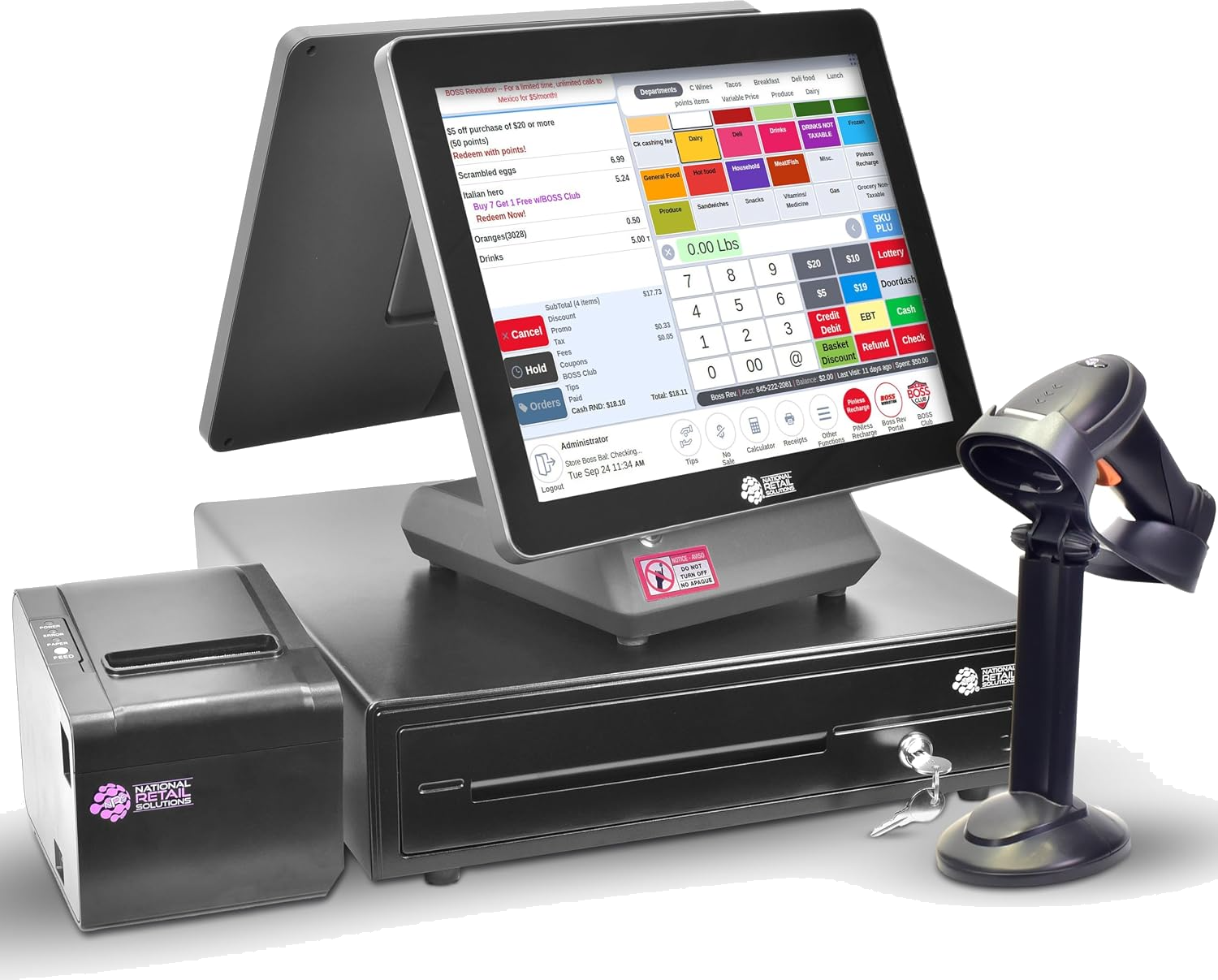 NRS National Retail Solutions POS with dual screen, receipt printer, cash drawer and barcode scanner