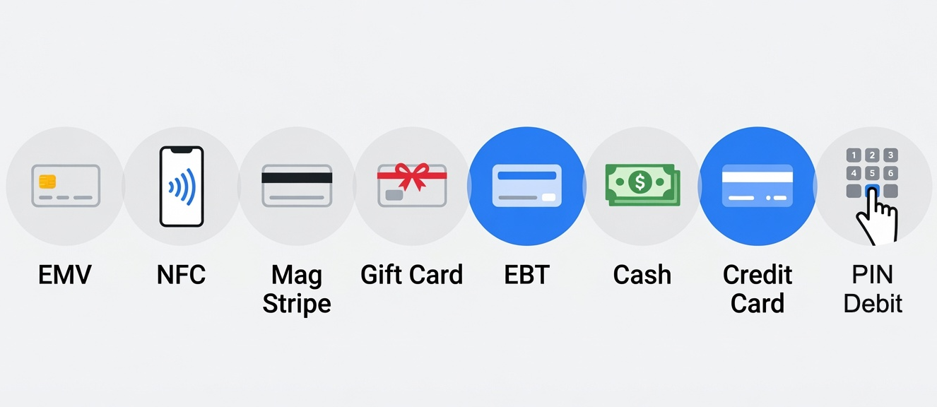 Accepts EMV, NFC, Mag Stripe, Gift Card, EBT, Cash, Credit Card, and PIN Debit