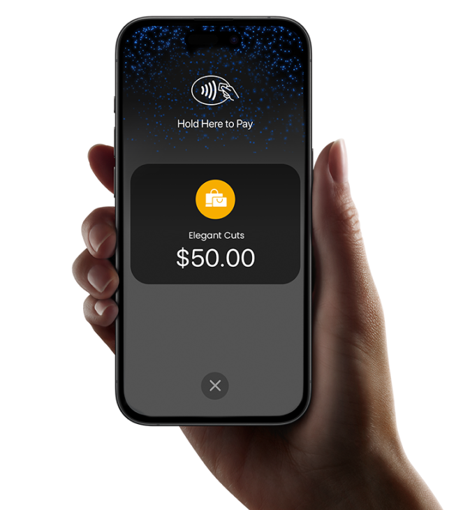 Hand holding a phone showing a Tap-On-Phone payment screen
