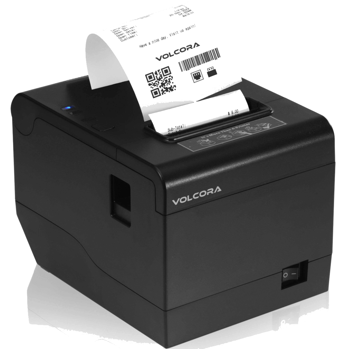 Volcora thermal receipt printer printing a receipt