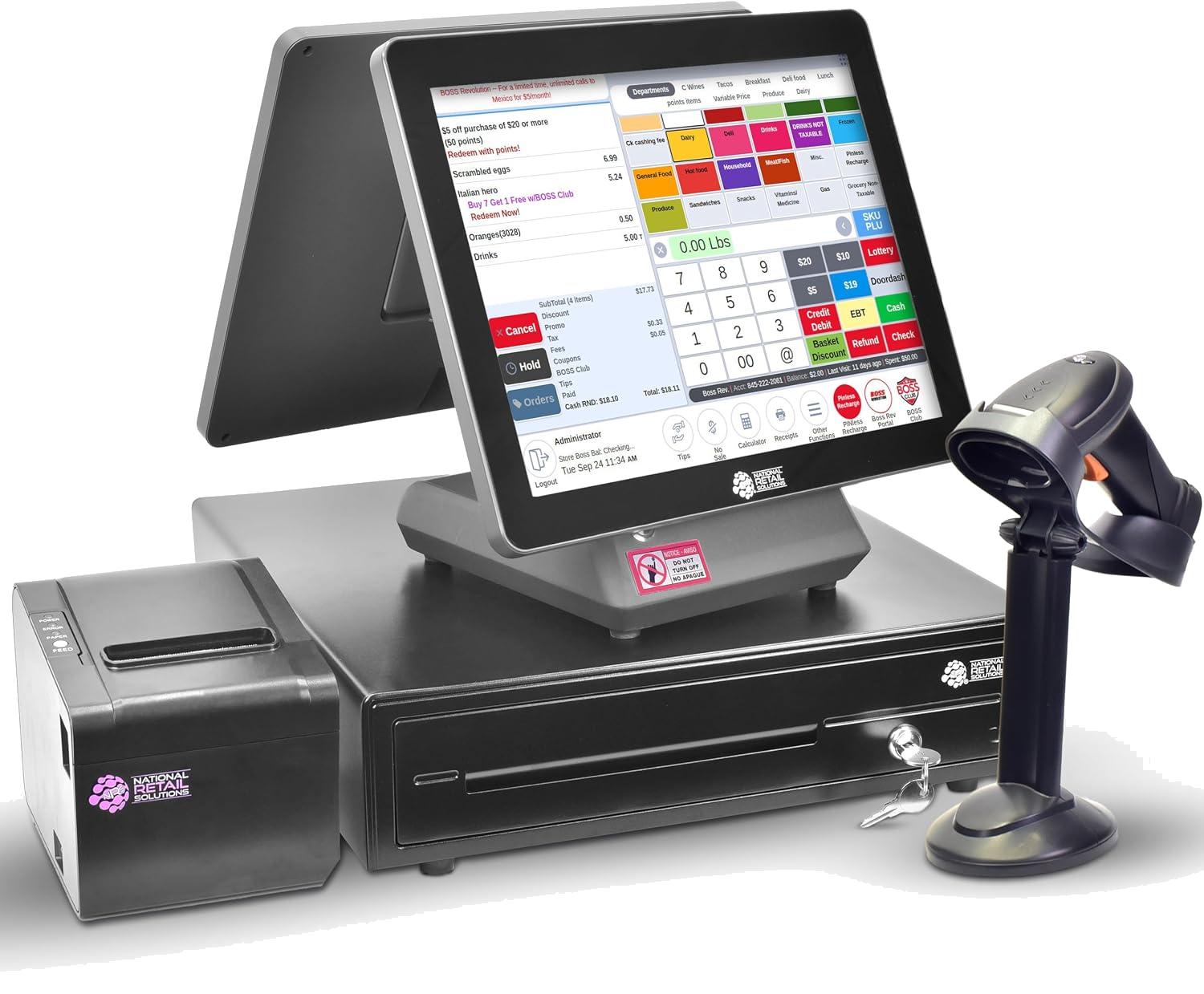 NRS point of sale bundle with touchscreen, receipt printer, cash drawer, and barcode scanner